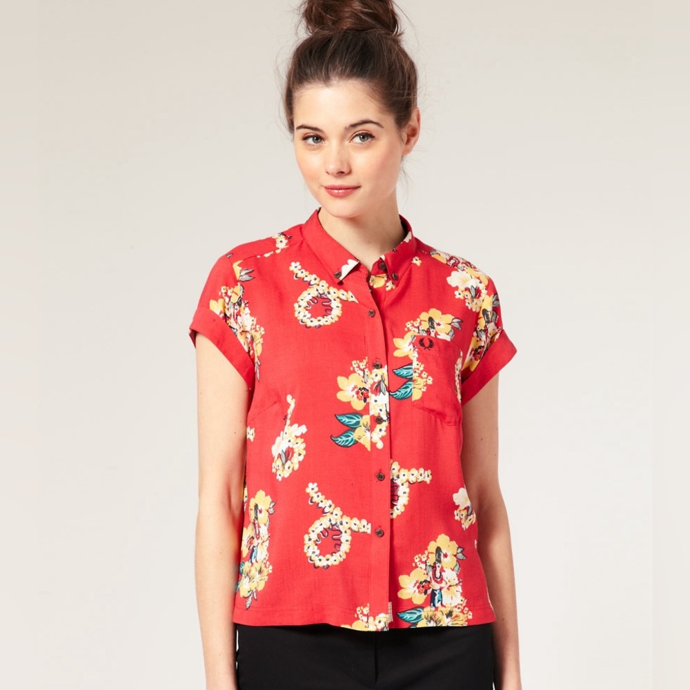 Fred Perry x Amy Winehouse tropical Hawaiian red floral short sleeve shirt US 8